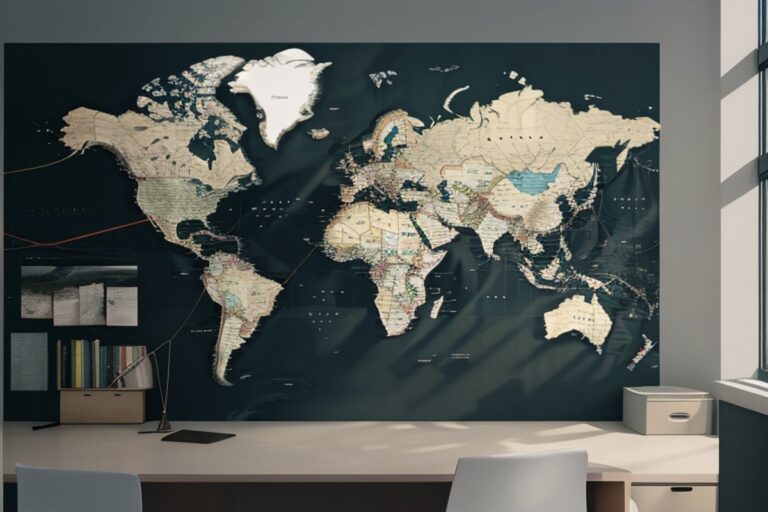 Mapa świata na ścianie biura nad biurkiem
