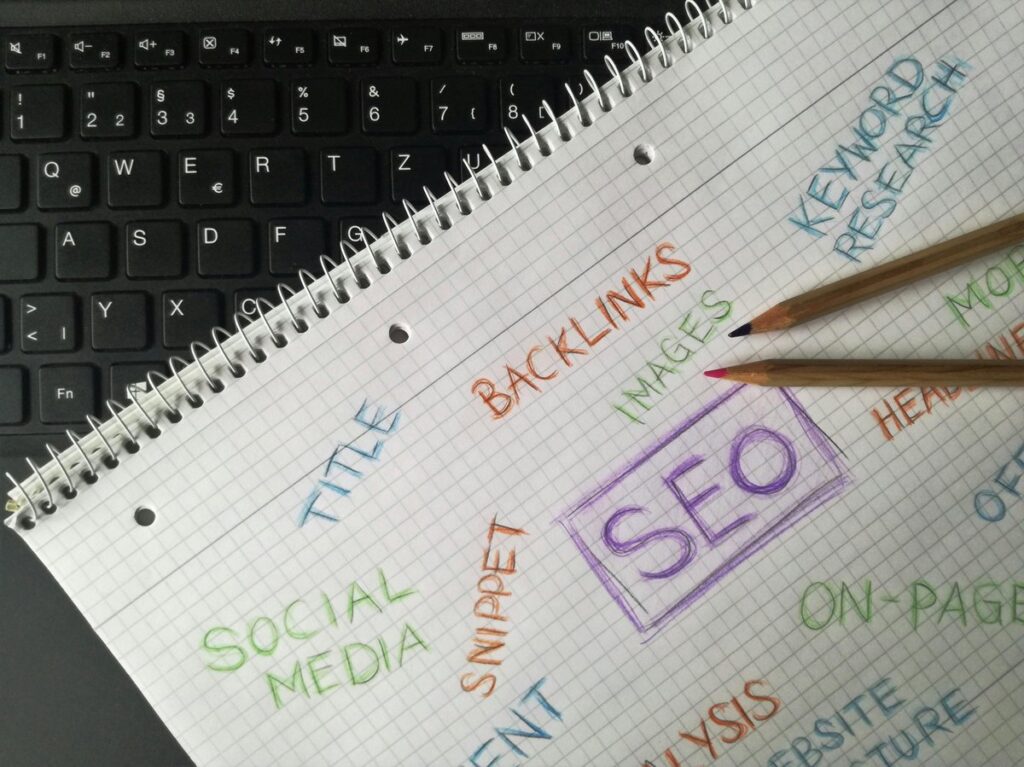 Spiral notebook on a black keyboard with handwritten SEO mind map: backlinks, keyword research, title, images